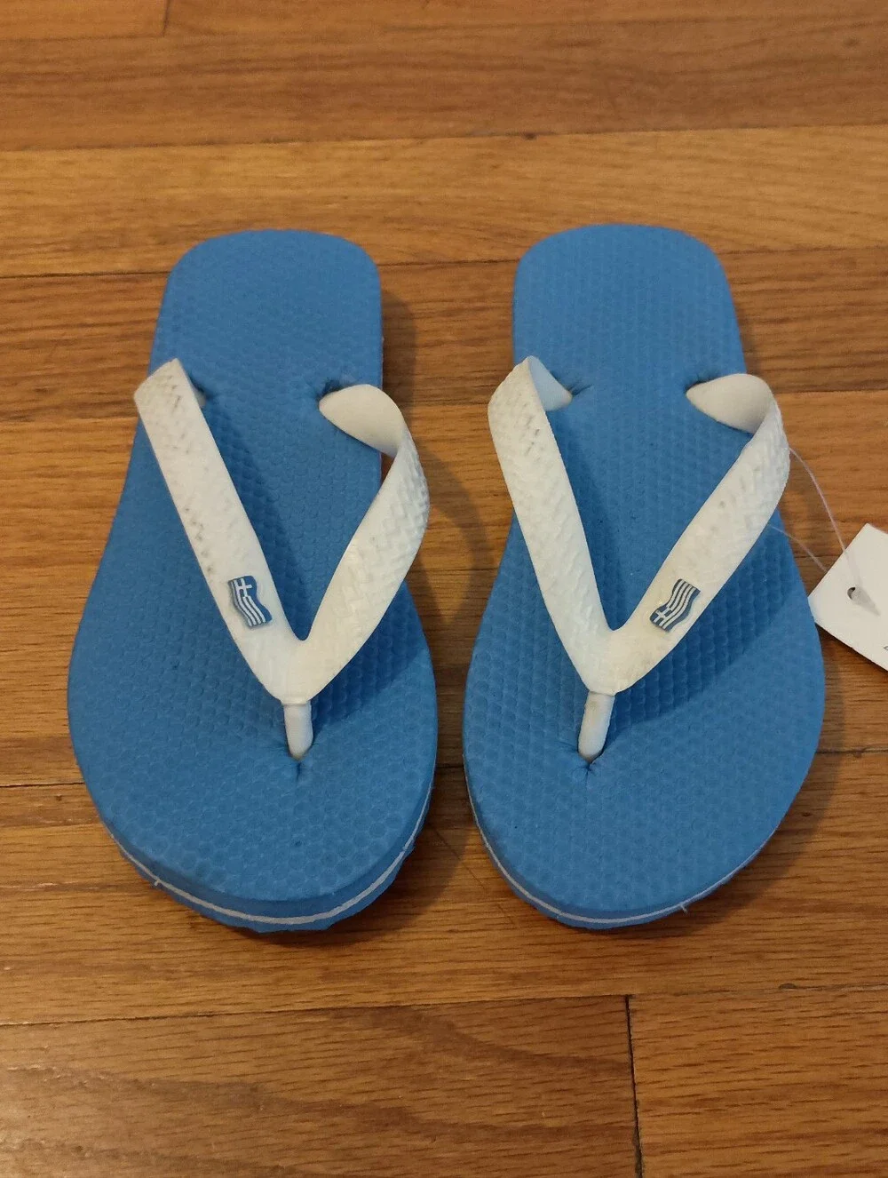 NWT Kids Blue Greek Greece Flip-Flops with White Straps & Flash 1Y